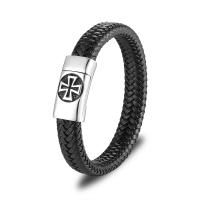 Men Bracelet, 316 Stainless Steel, with Faux Leather, fashion jewelry, black, Sold Per 21 cm Strand