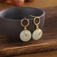 925 Sterling Silver Drop &  Dangle Earrings with Hetian Jade Round plated fashion jewelry & for woman golden 24*12mm Sold By PC