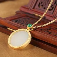925 Sterling Silver Necklaces, with Hetian Jade, Round, plated, fashion jewelry & for woman, golden, 400+30*26*25mm, Sold By Strand