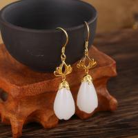 925 Sterling Silver Drop &  Dangle Earrings, with Hetian Jade, Flower, gold color plated, fashion jewelry & for woman, more colors for choice, 46*10mm, Sold By Pair