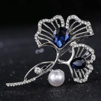Tibetan Style Brooches, with pearl & Glass & Rhinestone, Ginkgo Leaf, plated, fashion jewelry & with rhinestone, silver color, 62*45mm, Sold By PC