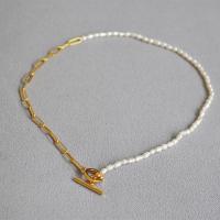 Freshwater Pearl Brass Chain Necklace, cobre, with Pérolas de água doce, cromado de cor dourada, para mulher, vendido para Aprox 14.56 inchaltura Strand