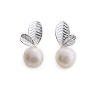 Brass Stud Earring with 925 Sterling Silver & Plastic Pearl silver color plated for woman white nickel lead & cadmium free Sold By Pair