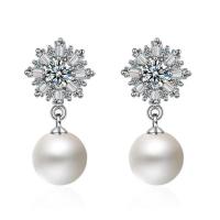 Brass Drop Earring with 925 Sterling Silver & Plastic Pearl silver color plated micro pave cubic zirconia & for woman white nickel lead & cadmium free Sold By Pair