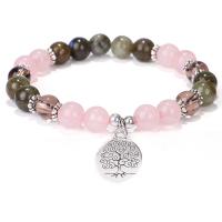 Gemstone Labradorite & Rose Quartz Bracelets with Lucky Tree Charms plated fashion jewelry & for woman  Sold Per 7.08 Inch Strand