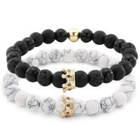Gemstone Bracelets, Tibetan Style, with Howlite & Black Diamond & Lava, Crown, plated, 2 pieces & micro pave cubic zirconia, more colors for choice, Length:7.5 Inch, Sold By Set