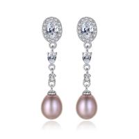 925 Sterling Silver Drop &  Dangle Earrings, with Freshwater Pearl, for woman & with rhinestone, more colors for choice, 7x35mm, Sold By Pair