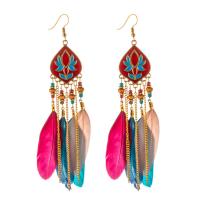 Fashion Feather Earring, Tibetan Style, with Feather, vintage & fashion jewelry, more colors for choice, 12cm, 2PCs/Bag, Sold By Bag