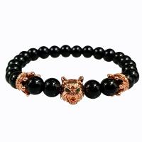 Natural Black Stone Bracelets with Micro Pave Cubic Zirconia Brass Bead fashion jewelry black 18.5-19CM Sold By Strand