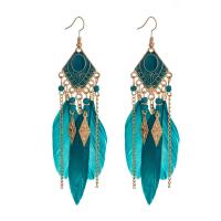 Fashion Feather Earring, Tibetan Style, with Feather, vintage & fashion jewelry, more colors for choice, 80mm, 2PCs/Bag, Sold By Bag