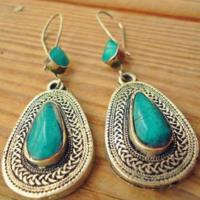 Turquoise Earring, Tibetan Style, with turquoise, fashion jewelry, silver color, 4.8x2.3cm, Sold By Pair