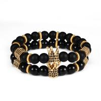 Black Agate Bracelets with Brass Crown plated Unisex & micro pave cubic zirconia 8mm Sold Per Approx 7.5 Inch Strand