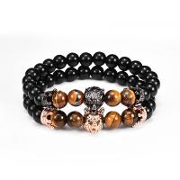 Gemstone Black Agate & Tiger Eye Bracelets with Wolf Brass Charms plated Unisex 8mm Sold Per Approx 7.5 Inch Strand
