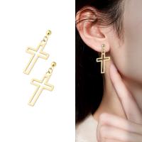 Stainless Steel Drop Earring Cross gold color plated for woman 35mm Sold By Pair