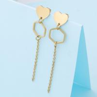 Stainless Steel Drop Earring, Heart, gold color plated, for woman, 14x70mm, Sold By Pair