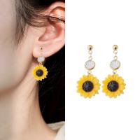 Stainless Steel Drop Earring with Resin Sunflower gold color plated for woman 40mm Sold By Pair