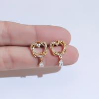 Cupronickel Drop Earring, gold color plated, for woman & with rhinestone, nickel, lead & cadmium free, 10x15mm, Sold By Pair