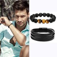 Gemstone Bracelets, Lava, with Tibetan Style, plated, fashion jewelry & different styles for choice & for man, black, 12mm, Sold Per 7.9 Inch Strand