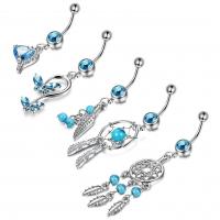 Stainless Steel Belly Ring, Tibetan Style, with turquoise & 316L Stainless Steel, plated, 5 pieces & micro pave cubic zirconia, blue, 5mm,1.6*10mm, Approx 10Sets/Lot, Sold By Lot