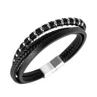 PU Leather Cord Bracelets, Titanium Steel, with PU Leather, for man, black, 10mm, Sold Per 7.87 Inch Strand