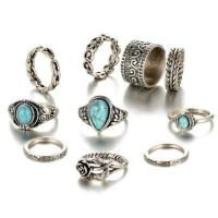 Cink Alloy Ring Set, Cink ötvözet, -val türkiz, 10 darab & a nő, kék, 10készletek/Lot, Által értékesített Lot