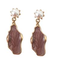 Tibetan Style Drop Earrings, with Plastic Pearl, gold color plated, for woman & enamel, nickel, lead & cadmium free, 16x45mm, Sold By Pair