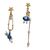 Asymmetric Earrings Zinc Alloy with 925 Sterling Silver Cartoon plated fashion jewelry & enamel multi-colored Sold By Pair