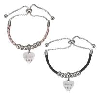 Stainless Steel Jewelry Bracelet, 316 Stainless Steel, with PU Leather, Heart, adjustable & with letter pattern & for woman & with rhinestone, more colors for choice, 14x13.5mm,6mm,3mm, Length:Approx 9 Inch, 5Strands/Bag, Sold By Bag