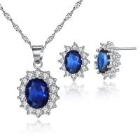Cubic Zirconia Micro Pave Brass Jewelry Sets, Stud Earring & necklace, fashion jewelry & micro pave cubic zirconia & for woman, blue, nickel, lead & cadmium free, 22.5x14.5mm,16x14mm, Sold By Set
