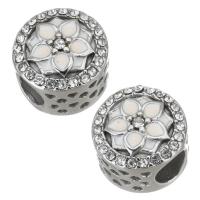 Stainless Steel European Beads, 316 Stainless Steel, Flower, silver color plated, enamel & with rhinestone & hollow, pink, 11.50x8mm, Hole:Approx 5mm, 5PCs/Bag, Sold By Bag