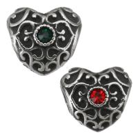 Stainless Steel European Beads, 316 Stainless Steel, Heart, silver color plated, with rhinestone & blacken, more colors for choice, 12x10.50x9mm, Hole:Approx 4.5mm, 5PCs/Bag, Sold By Bag
