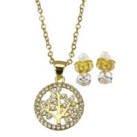 Cubic Zirconia Micro Pave Brass Jewelry Sets, Stud Earring & necklace, with stainless steel chain, stainless steel post pin, with 1.5 inch extender chain, gold color plated, 2 pieces & micro pave cubic zirconia & for woman, 14.5x17mm,1.5mm,5mm, Length:Approx 17 Inch, Sold By Set