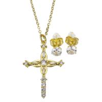 Cubic Zirconia Micro Pave Brass Jewelry Sets, Stud Earring & necklace, with stainless steel chain, stainless steel post pin, with 1.5 inch extender chain, gold color plated, 2 pieces & micro pave cubic zirconia & for woman, 22x32mm,1.5mm,5mm, Length:Approx 17 Inch, Sold By Set