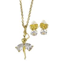 Cubic Zirconia Micro Pave Brass Jewelry Sets, Stud Earring & necklace, with stainless steel chain, stainless steel post pin, with 1.5 inch extender chain, gold color plated, 2 pieces & micro pave cubic zirconia & for woman, 12x19.5mm,1.5mm,5mm, Length:Approx 17 Inch, Sold By Set