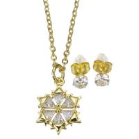Cubic Zirconia Micro Pave Brass Jewelry Sets, Stud Earring & necklace, with stainless steel chain, stainless steel post pin, with 1.5 inch extender chain, gold color plated, 2 pieces & micro pave cubic zirconia & for woman, 11.5x15.5mm,1.5mm,5mm, Length:Approx 17 Inch, Sold By Set
