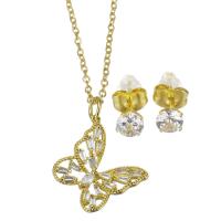 Cubic Zirconia Micro Pave Brass Jewelry Sets, Stud Earring & necklace, with stainless steel chain, stainless steel post pin, with 1.5 inch extender chain, Butterfly, gold color plated, 2 pieces & micro pave cubic zirconia & for woman, 19.5x21mm,1.5mm,5mm, Length:Approx 17 Inch, Sold By Set