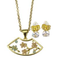 Cubic Zirconia Micro Pave Brass Jewelry Sets Stud Earring & necklace with stainless steel chain stainless steel post pin with 1.5 inch extender chain gold color plated 2 pieces & micro pave cubic zirconia & for woman & enamel 1.5mm 5mm Length Approx 17 Inch Sold By Set