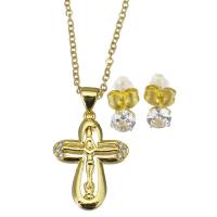 Cubic Zirconia Micro Pave Brass Jewelry Sets, Stud Earring & necklace, with stainless steel chain, stainless steel post pin, with 1.5 inch extender chain, gold color plated, 2 pieces & micro pave cubic zirconia & for woman, 15x21mm,1.5mm,5mm, Length:Approx 17 Inch, Sold By Set