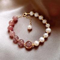 Brass Bracelet & Bangle with Freshwater Pearl & Strawberry Quartz Adjustable & fashion jewelry 17+5cm Sold By Strand