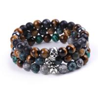 Natural Mixed Gemstone Bracelets with Skull Charms plated fashion jewelry & Unisex 8mm Sold By Strand