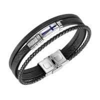 PU Leather Cord Bracelets, Titanium Steel, with PU Leather, fashion jewelry & micro pave cubic zirconia & for man, black, Sold Per 8.27 Inch Strand