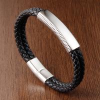 PU Leather Cord Bracelets, Titanium Steel, with PU Leather, polished, fashion jewelry, black, Sold By Strand