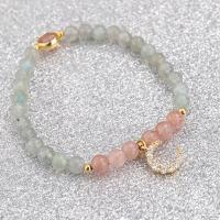 Gemstone Bracelets, Moonstone, with Strawberry Quartz & Tibetan Style, gold color plated, micro pave cubic zirconia & for woman, pink, nickel, lead & cadmium free, Length:7.08 Inch, 2Strands/Bag, Sold By Bag