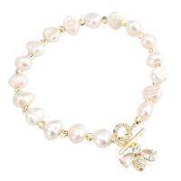 Freshwater Cultured Pearl Bracelet Freshwater Pearl with brass chain gold color plated micro pave cubic zirconia & for woman white nickel lead & cadmium free Length 6.88 Inch Sold By Bag
