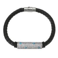 PU Leather Cord Bracelets, Brass, with PU Leather, plated, micro pave cubic zirconia, black, 34x10mm,6mm, Sold Per Approx 8 Inch Strand