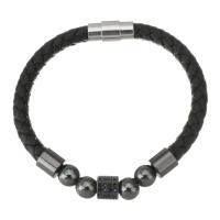 PU Leather Cord Bracelets Brass with PU Leather plated micro pave cubic zirconia black 6mm Sold Per 8 Inch Strand