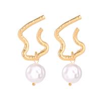 Tibetan Style Drop Earrings, with Plastic Pearl, gold color plated, for woman, white, nickel, lead & cadmium free, 40x20x10mm, Sold By Pair