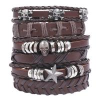 PU Leather Cord Bracelets, Tibetan Style, bracelet, with PU Leather, plated, 6 pieces & fashion jewelry & Unisex, nickel, lead & cadmium free, 6CM,17-18CM,8-9CM,15.5CM,9.7CM, Sold By Set