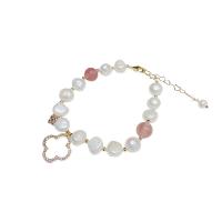 Freshwater Cultured Pearl Bracelet Freshwater Pearl with brass chain & Gemstone with 1.96 inch extender chain gold color plated micro pave cubic zirconia & for woman 15mm Sold Per Approx 5.9 Inch Strand