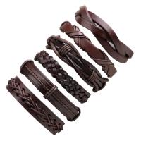 PU Leather Cord Bracelets with Waxed Cotton Cord 6 pieces & Adjustable & Unisex deep coffee color Length Approx 18-20 Inch Sold By Set